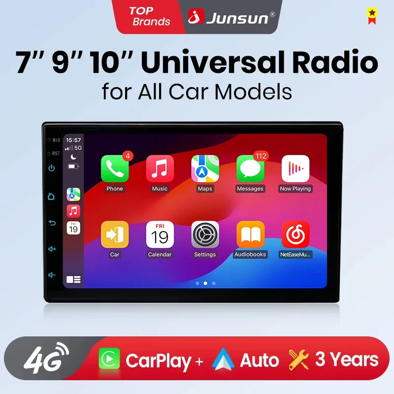Radio Universal para Auto Junsun de 7, 9 y 10 Pulgadas para VW, Fiat, Renault, Nissan, Hyundai, Peugeot, con CarPlay, Android Auto, FM, RDS, DSP, BT, GPS, Navegación, SWC, Pantalla Táctil HD IPS, Reproductor Multimedia, Llamadas Manos Libres, Estilo Original del Auto 1