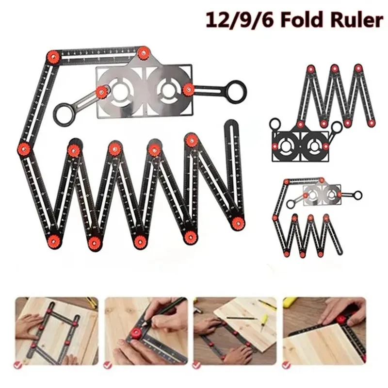

6/9/12 Fold Ruler Multi Angle Measuring Ruler Tool Tile Hole Punch Guide Locator Aluminium Alloy Angle Ruler with Drill Guide