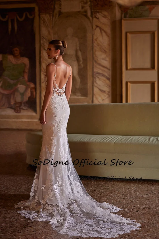 SoDigne Mermaid Lace Appliques Wedding Dresses V-neck Sleeveless Satin Bridal Dress Long Wedding Gown Robe De Mairee Customized 17 Sab2e883f09b14149aa7178ee57f7964d1