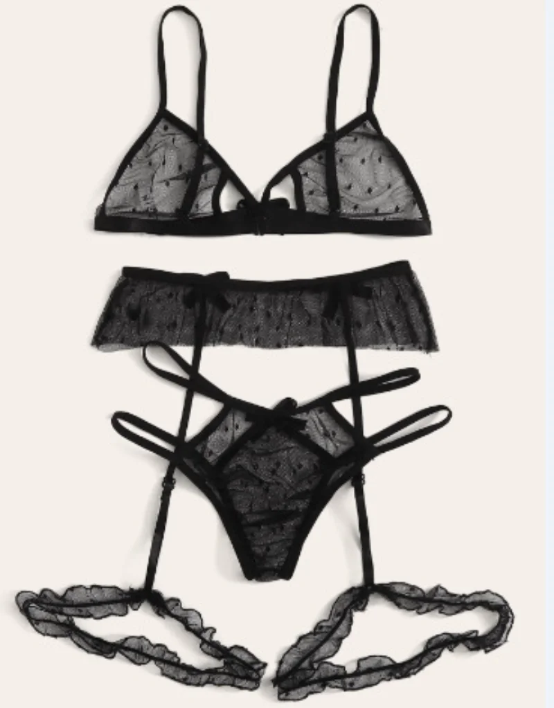 Sexy Bra Set Transparent See Through Bra and Panty Set With Garter Perspective Mesh Lace Lingerie Ladies Underwear women lingerie