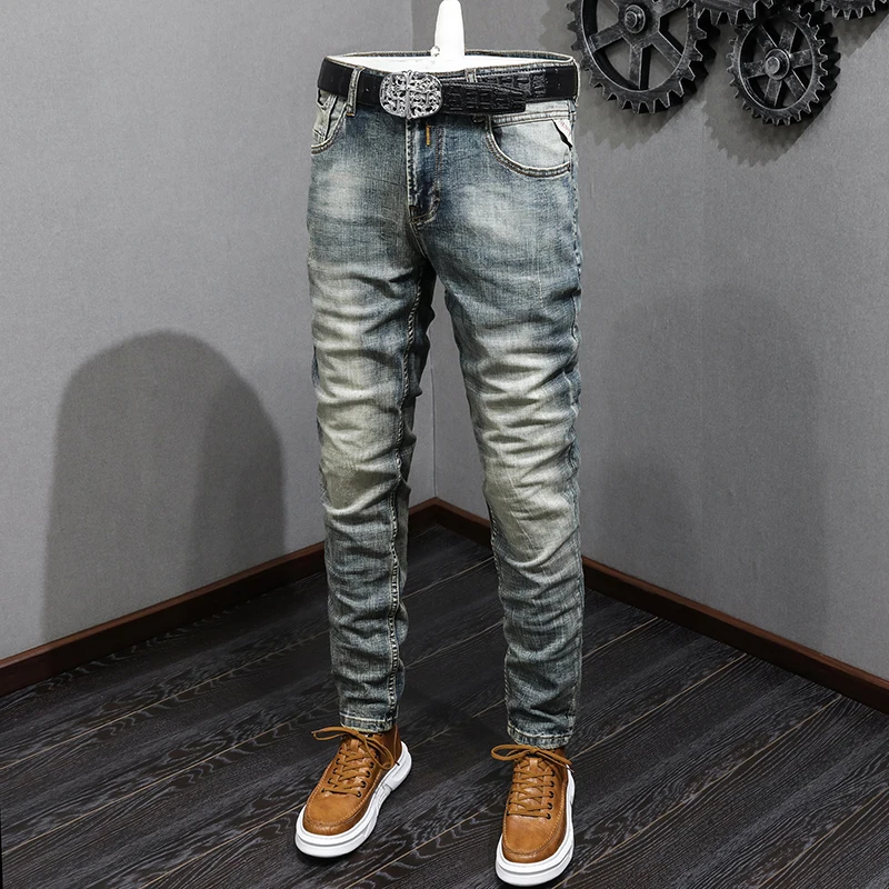 Fashion Designer Men Jeans Retro Yellow Blue Elastic Slim Fit Ripped Jeans Men Trousers Vintage Casual Stretch Denim Pants Homme men s skinny ripped jeans fashion grid beggar patches slim fit stretch casual denim pencil pants painting jogging trousers men