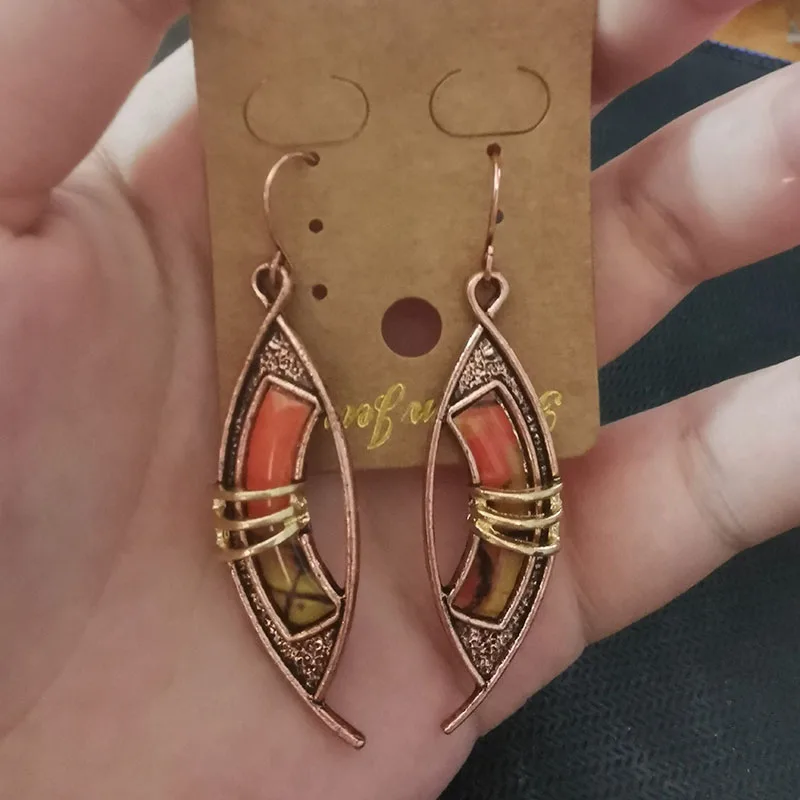 Yellow Orange Stone Vintage Red Bronze Hollow Metal Bending Golden Lines Dangle Earrings For Women