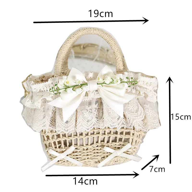 INS Style Coutryside Wheat Straw Handbags For Girls Women Small Handmade Woven Beach Bags With Lace Flower Bags 2