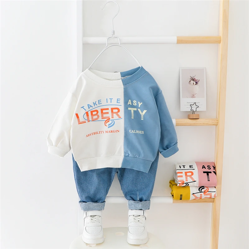 

Spring Baby Girls Boys Clothing Sets Toddler Kids Patchwork Color T Shirt Jeans Infant Clothes Children Tracksuit 2 Pieces Suit