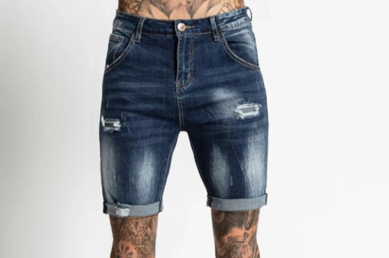 Hole Ripped Slim Short Jeans Men High Waist Solid Color Denim Shorts Retro Blue Washed Street Knee-length Male Pants