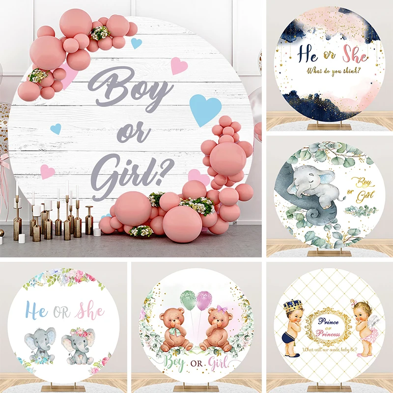 

Boy or Girl Gender Reveal Party Banner Round Backdrop Blue Pink Hearts White Wood Board Circle Photo Background for Newborn Baby