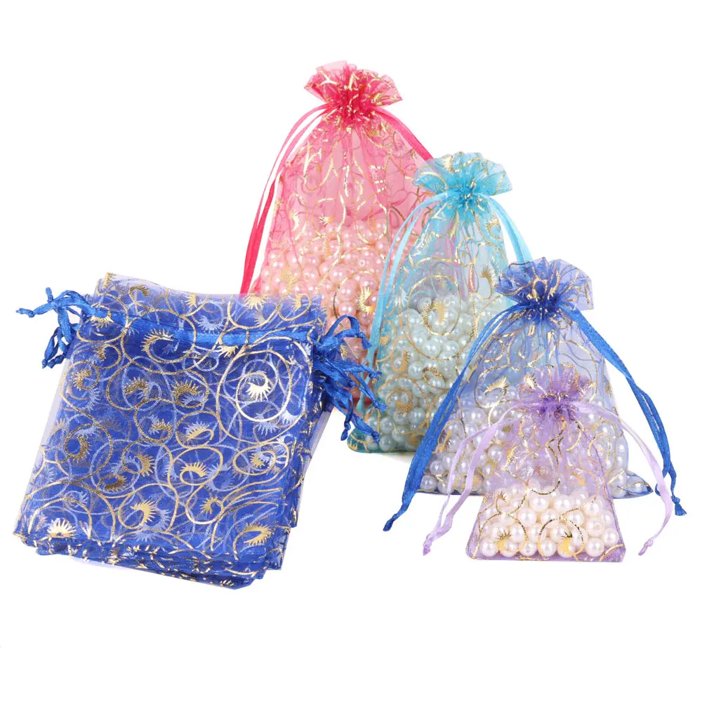 25pcs/lot Gold Color Pattern Organza Gift Bag Wedding Candy Bags Colorful Jewelry Packing Drawstring Pouch Wholesale