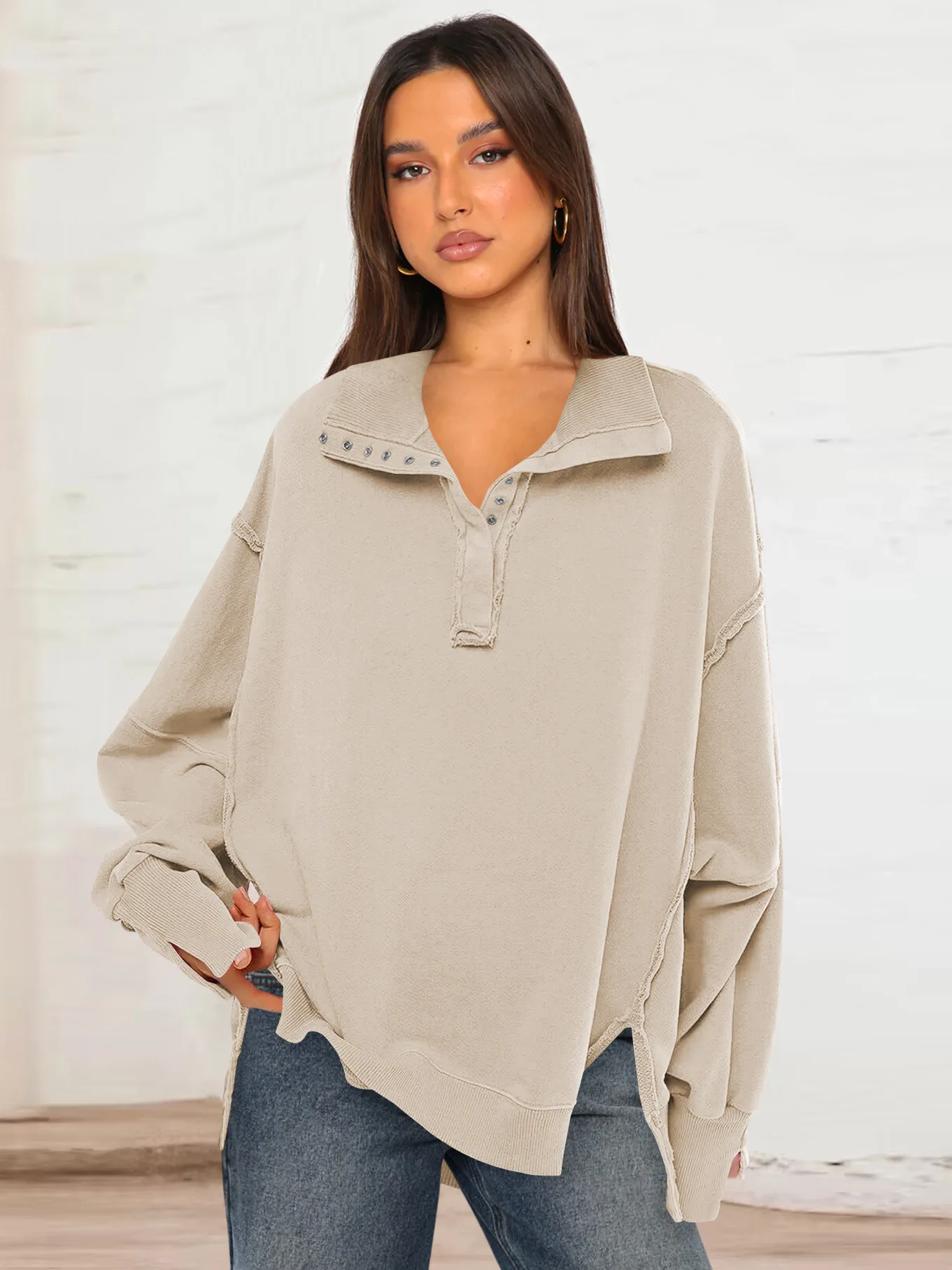 Woman's Autumn Solid Color Sweatshirt Fashion Flip Collar Long Sleeves The Hem Is Irregular Hoodie Ladies Elegant Button Tops