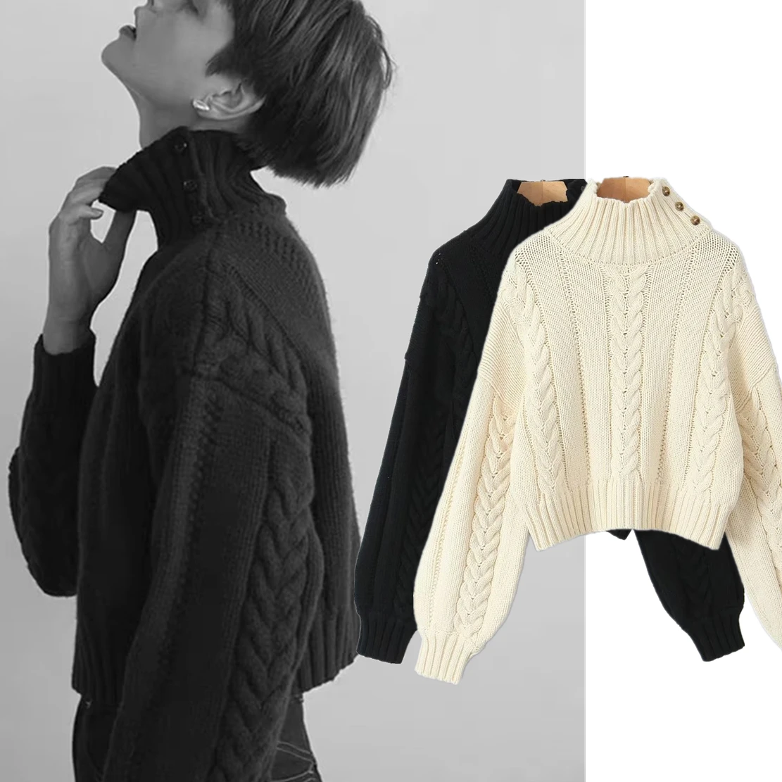 

Withered Autumn Winter French Fashion Ladies Retro Turtleneck Sweater Jacquard Lazy Style Casual Short Sweater Women