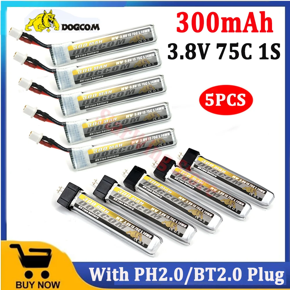 

5 шт. DOGCOM 300 мАч 3,8 в 75C 1S Lipo Battey с разъемом PH2.0/BT2.0 для RC FPV гоночного дрона квадрокоптера