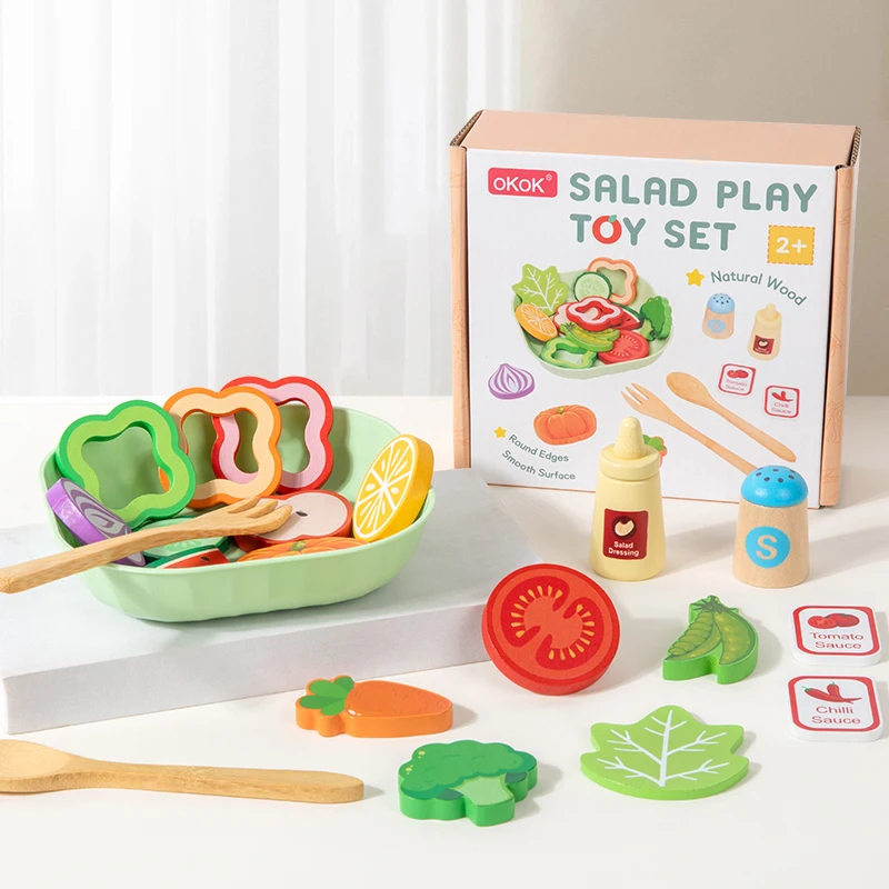 Wooden Simulation Salad Pretend Play Toy Set Simulation Food Accessories Cooking Play Kitchen Toy Game for Kids 2 Years Gift