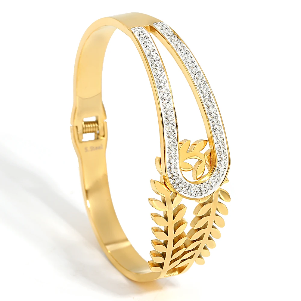 Gold Color Half Leaf Half Rhinestones Stainless Steel Bangles Bracelets for Women Fashion Luxury Waterproof Jewelry 5