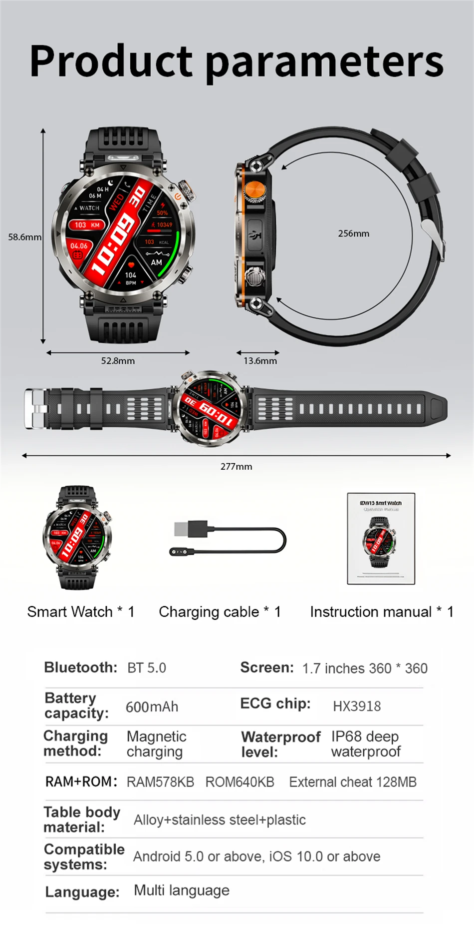 New 600 mAh Battery Smart Watch Men's 1.7 inch Outdoor Sports IP68 Waterproof Watches BT Calling with LED Flashlight Smartwatch