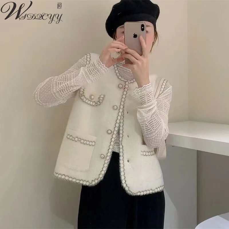 Women Elegant Sleeveless Vest 2022 Korean Fashion Imitation Mink Cardigans Coat Spring Autumn O-Neck Single Breasted Jacket 2xl