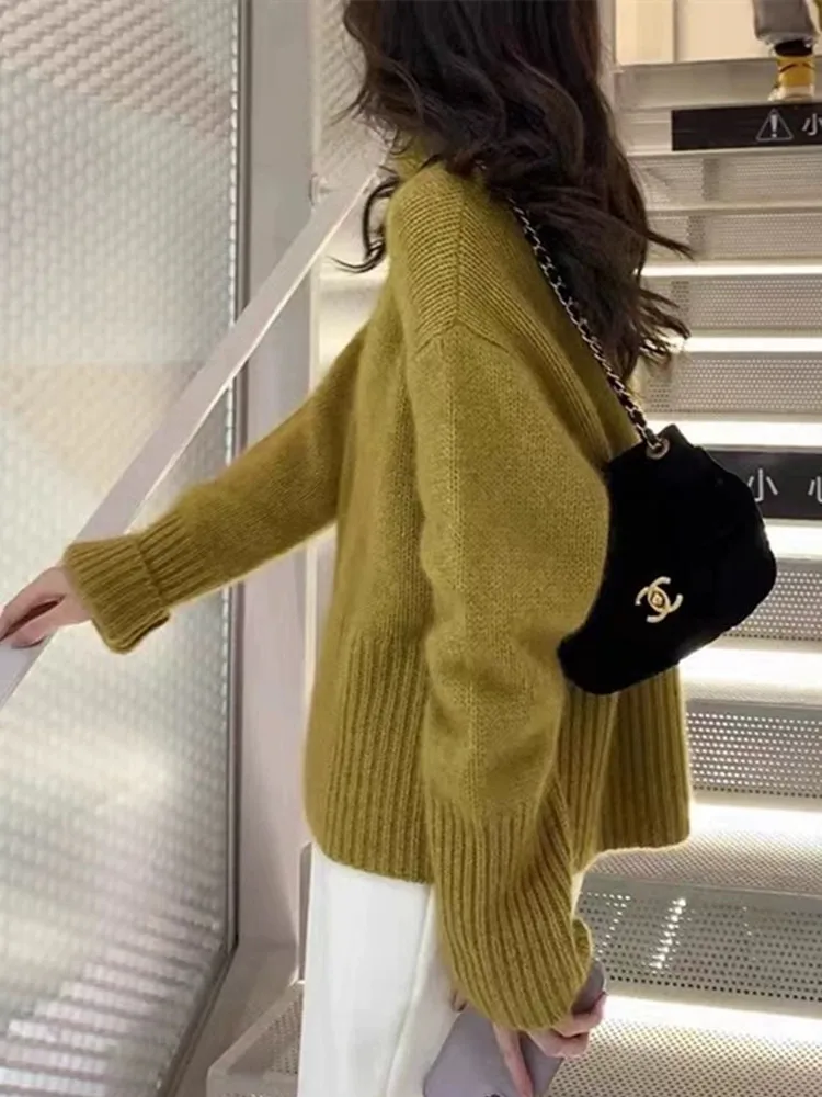 2024 Autumn/Winter New 100% Cashmere Wool Turtleneck Sweater Women's High Neck Knit Pullover Soft Comfortable Top Loose Jumper 4