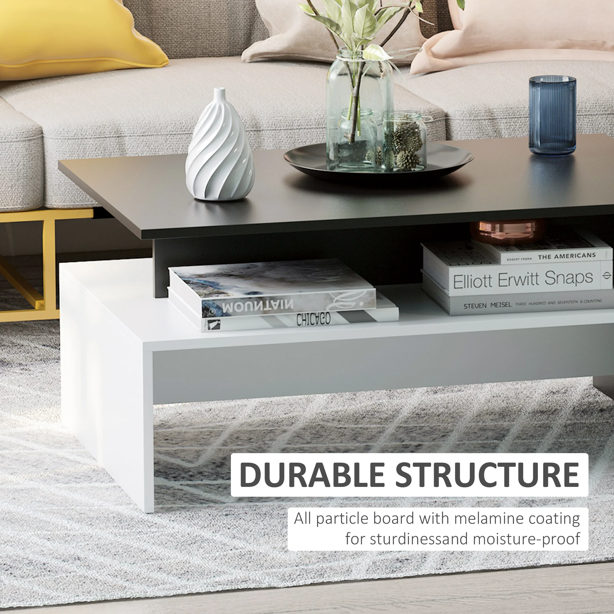 Two-Tone Color Geometric Shape Sofa End Table with Storage Shelving, Black/White 5