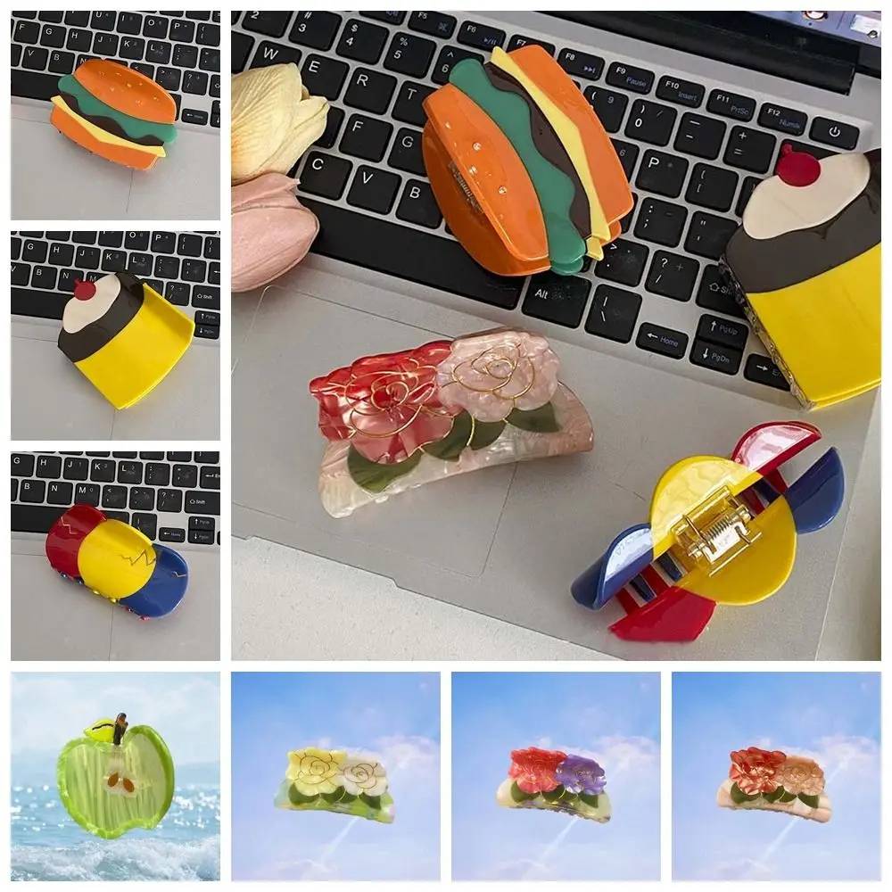 

Cake Acetic Acid Hair Claw Personalized Fruits Hamburger Flower Hair Clip Cartoon Acetate Fruits Shark Clip Daily