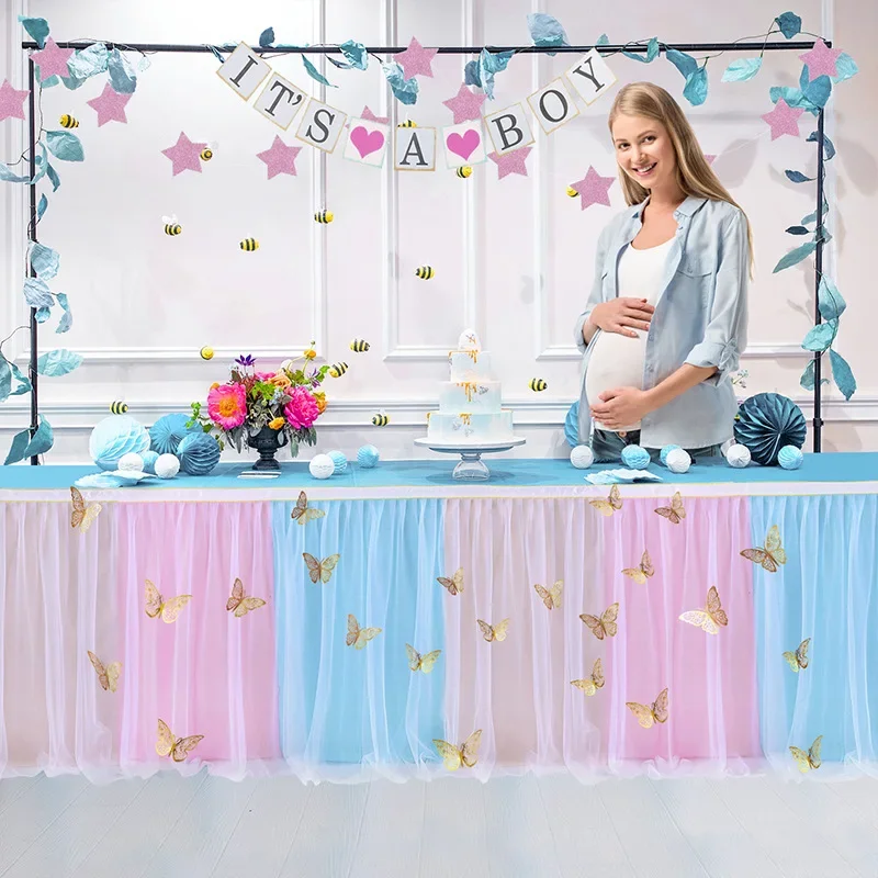 Original Color Blocking Pleated Chevron Skirt 3D Butterfly Pattern European Style Wedding Birthday Party Family Home Decoration