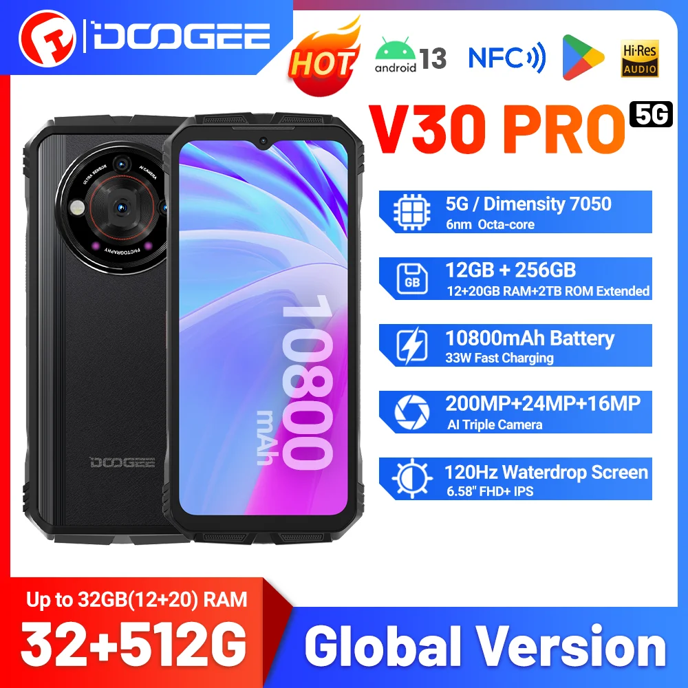

DOOGEE V30 Pro 200MP 10800mAh Rugged Smartphone Dimensity 7050 5G Phone 6.58" FHD 120Hz Display Android 13 32GB+512GB Cellphone