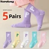 Horetong 5 Pairs/Lot Children's Fashion Letters For Girls Kids Autumn Comfortable Sports Casual School Cotton Middle Tube Socks 1