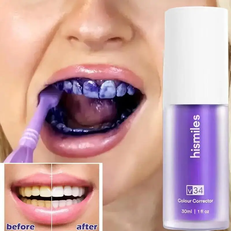 V34 Purple Teeth Whitening Serum Toothpaste Remove Plaque Stains Bleaching Yellow Teeth Cleaning Oral Hygiene Dental Whiten Care breylee teeth whitening powder toothpaste dental tools white teeth cleaning oral hygiene toothbrush gel remove plaque stain 2pcs