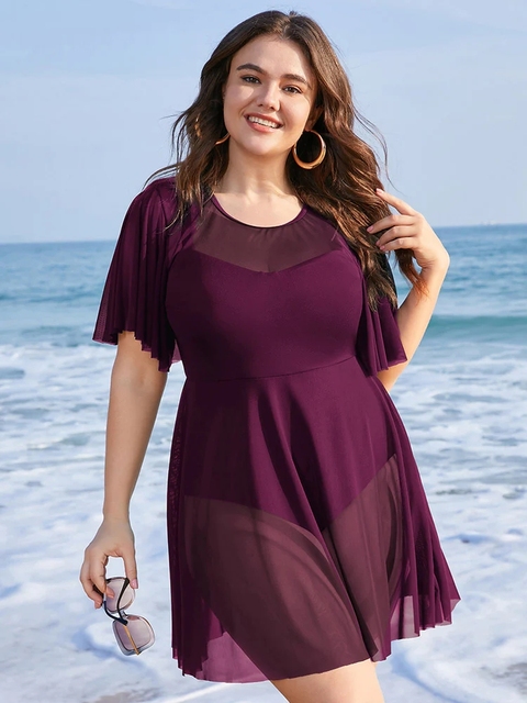 Plus Size Womens One Piece Tummy Control Swimdress Solid Mesh Patchwork Ruffle Sleeve Cover Up Swim Dress Chubby Swimsuit - Wine Red, XXL