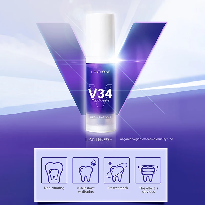V34 Pro Whitening Toothpaste Removal Plaque Stain Purple Corrector Teeth Enamel Care Easy Reduce Yellowing Oral Clean Care teeth whitening essence teeth whitening product