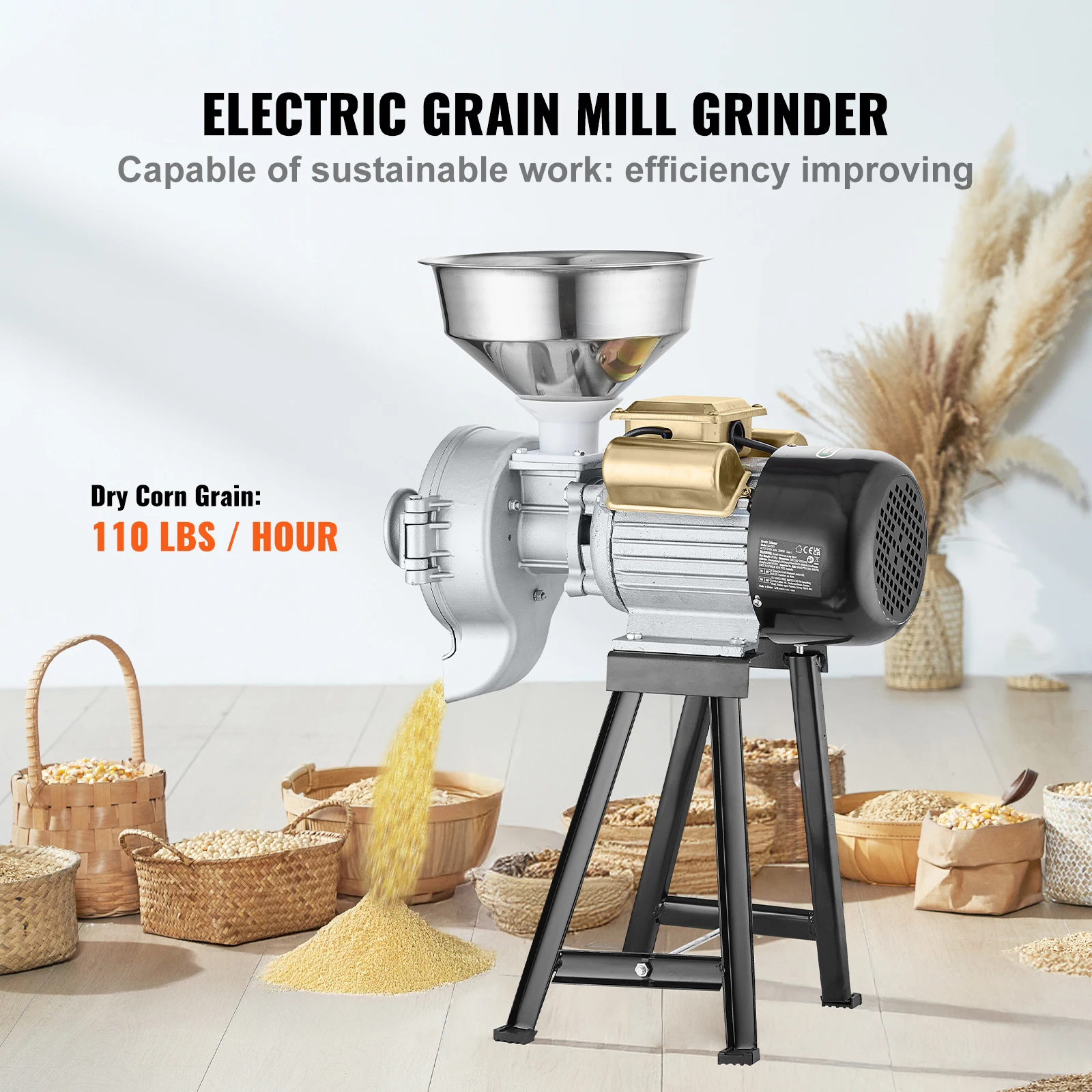 SucceBuy Electric Grain Mill Grinder 3000W Spice Grinders Commercial Corn Mill with Funnel Cereal Wheat Grinders Dry&Wet Grinder 2