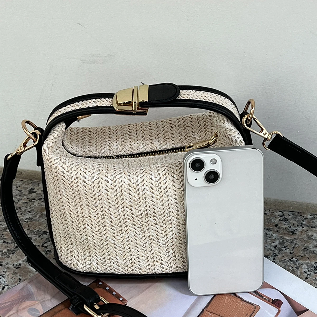 Sommer Kleine Stroh Handtasche Trendy Schulter Tasche Gewebt Eimer Umhängetasche Casual Meer Strand Tasche Gilrs Griff Tote – Detail 10