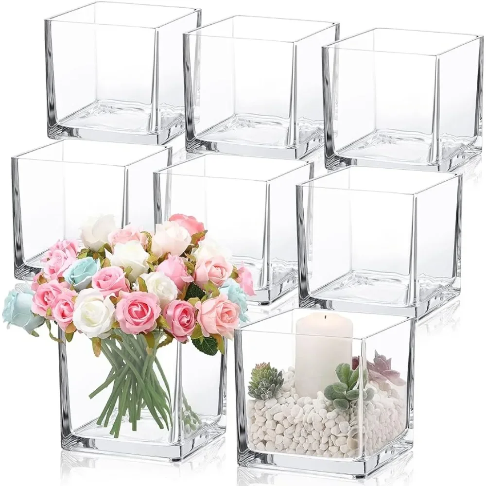 

8 Pieces Square Glass Vase 6X 6 X 6 Inch Clear Cube Vase Wedding Flower Vase Floating Candle Holders Freight Free Room Decor