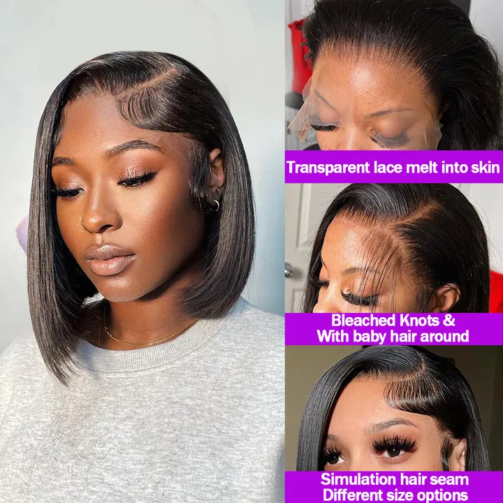 Rosabeauty 13X6 Straight Short Bob 5X5 Pre Plucked Closure 13x4 Lace Front Human Hair Wigs Brazilian Frontal Wigs 180%