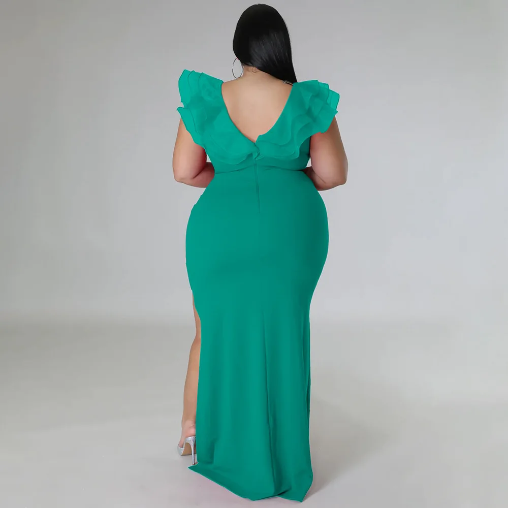 Plus Size 4xl Evening Dress Women Ruffle Mesh Sleeveless Long Party Dress Female Designer Fashion Outfit 2023 Spring Luxury Robe
