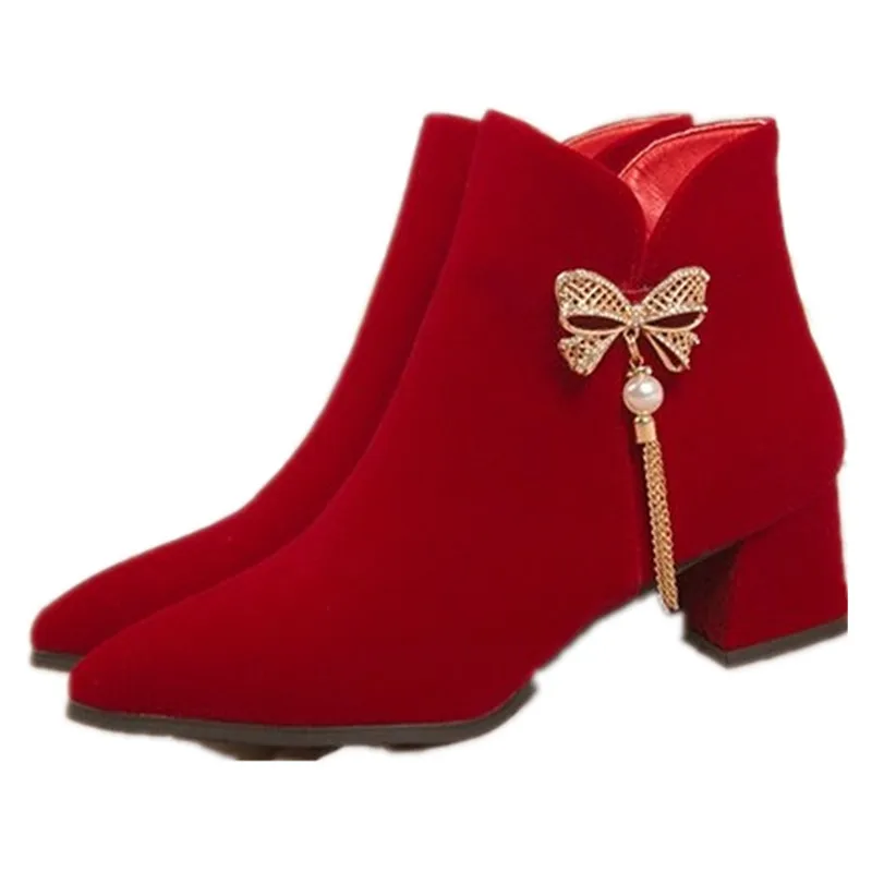 NEW Boots Flat Platform Women's Low Shoes Zipper Winter Footwear Clogs Ankle High Heel Pointy Rubber Red Ladies 2024 Pointed Toe