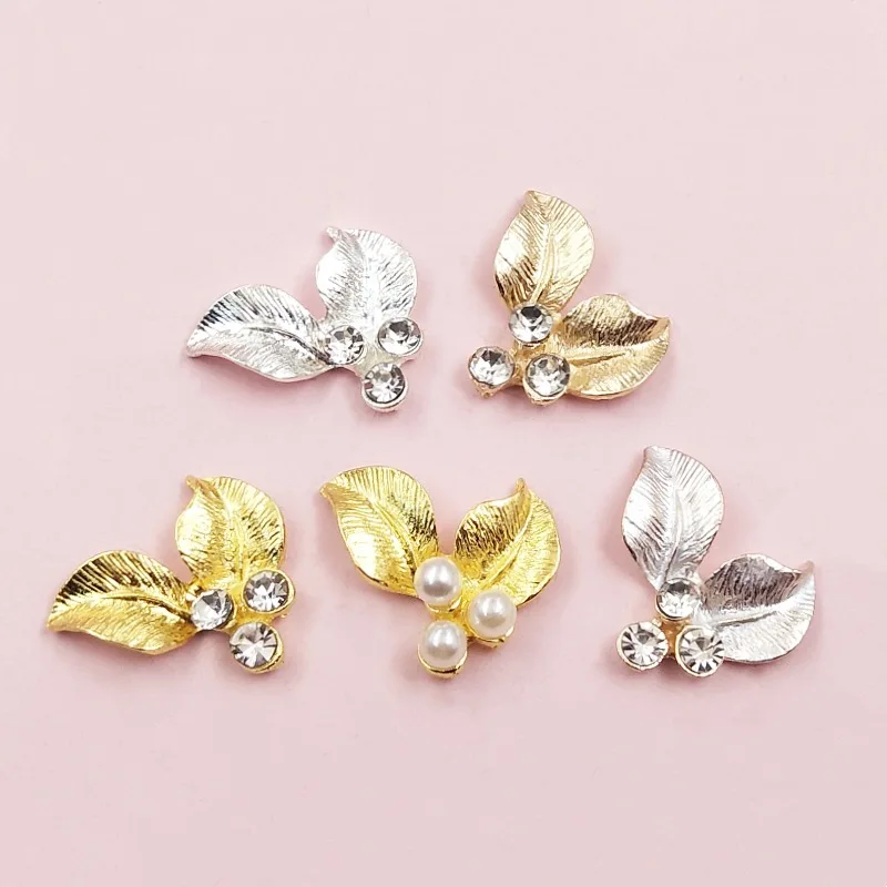 

10 PCS 19x23mm Metal Alloy Inlaid With Crystal Rhinestone Imitation Pearl Leaves For Diy Jewelry Making Accessories