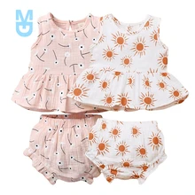 

New Infant born Baby Girls Vest Shorts Cotton Linen Suit Fresh Daisy/Sun Printed Sleeveless Tops Triangle Short Pants 2Pcs Outfi