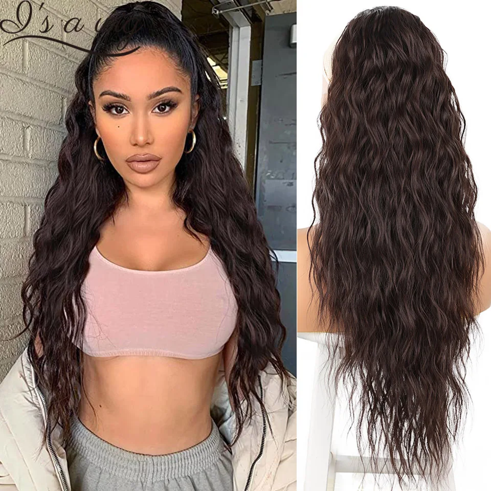 Long Dark Brown Drawstring Ponytail Extension for Women Synthetic Curly Wavy Clip in Ponytail Hair Extensions for Daily Party