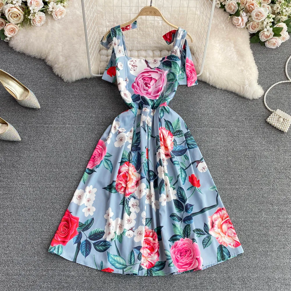 

Fashionable Waist Bow Tie Suspender Dress Seaside Vacation Sleeveless Positioning Printing a Word Large Swing Dress Summer