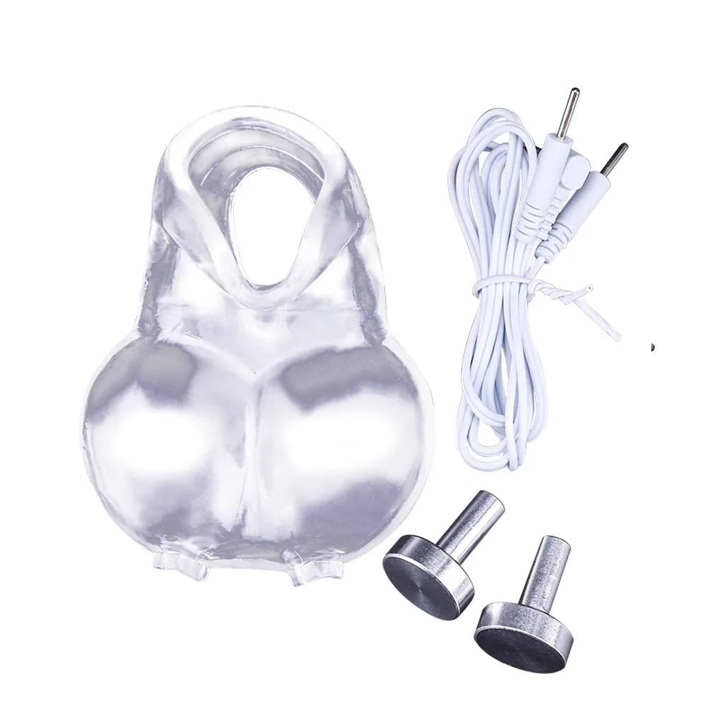 BDSM Electro Shock Scrotum Ring Sex Ball Stretcher Chastity Electric Shock Cock Cage Device Penis Stimulator Sleeve Male Sex Toy electro sex toys electric sex toys