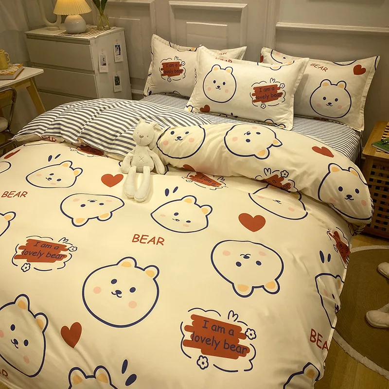 Lovely Daisy Print King Size Bedding Set Queen High Quality Washed Cotton Duvet Cover Set with Flat Sheet Quilt Cover Pillowcase 