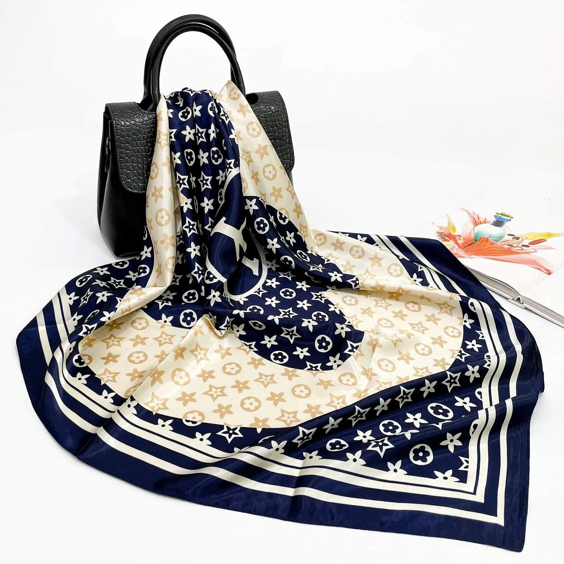 

90cm Large Square Scarf Silk Scarf Imitation Silk Square Printing Turban Satin Scarf Headwrap for Women Hijab Scarf Hijabs 2023