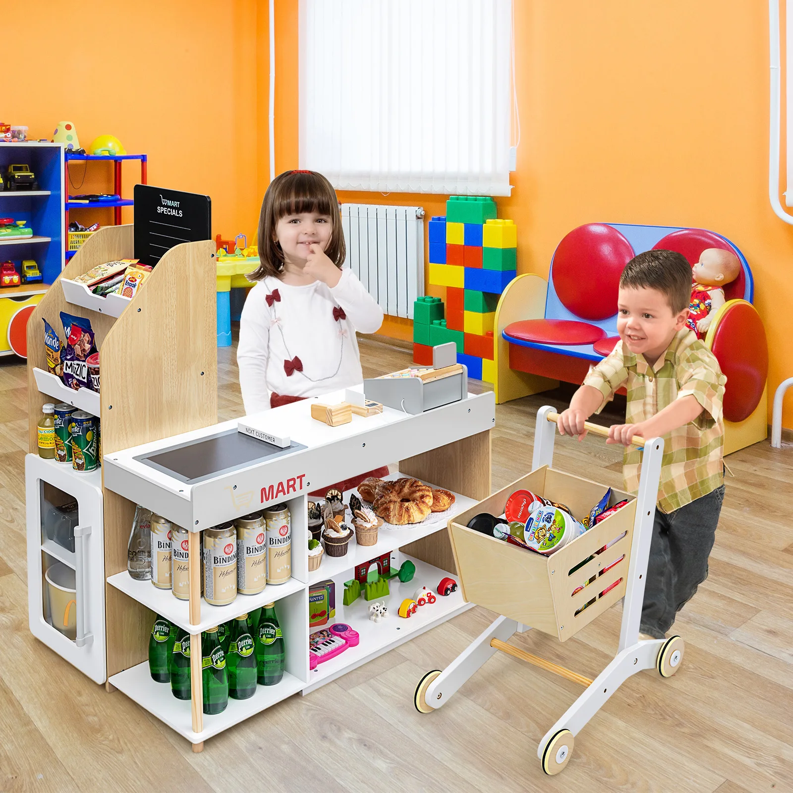 Costway Grocery Store Playset Pretend Play Supermarket Shopping Set with Cart 3