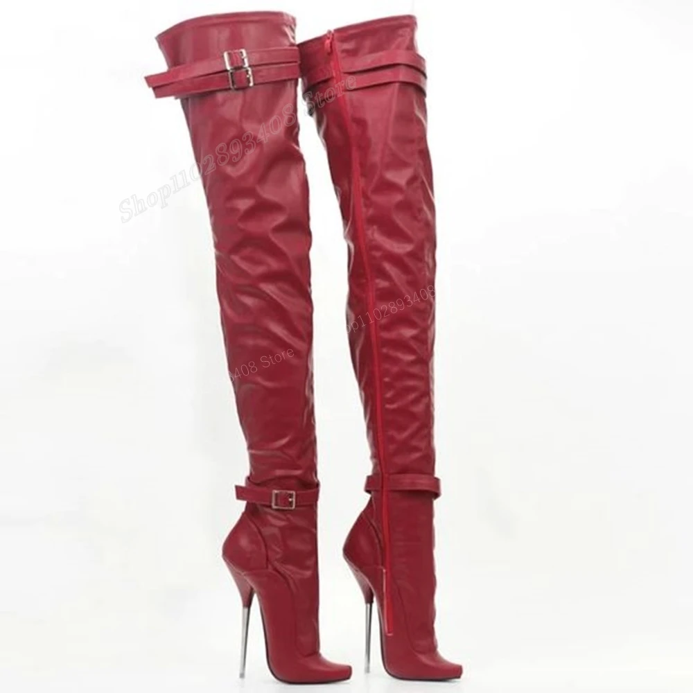 

Red Matte Leather Buckle Strap Thigh High Boots Metal Stiletto High Heel Pointed Toe Women Shoes 2023 Sexy Zapatos Para Mujere