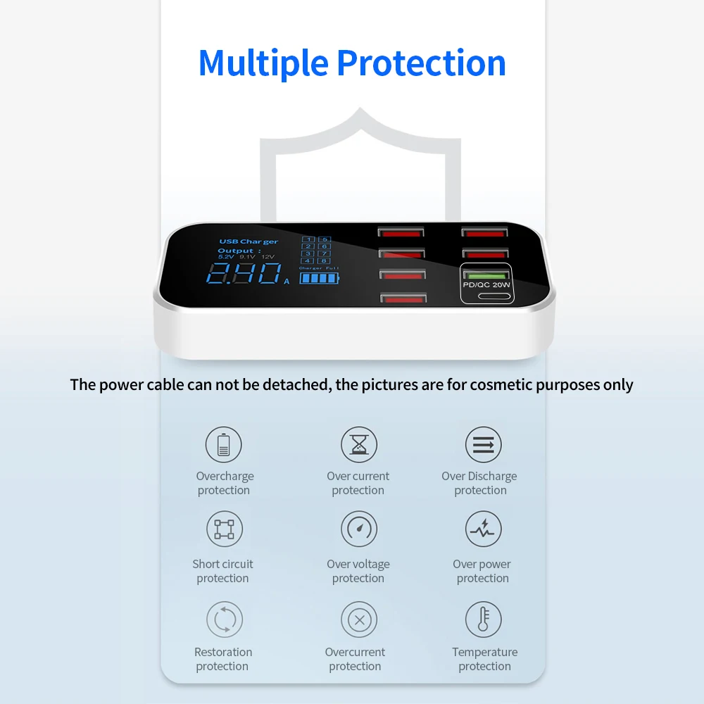A9S+ 8 Port Car Charger with LED Display Type-C QC3.0 Quick Charging Intelligent Portable Safe Vehicle Charger Station