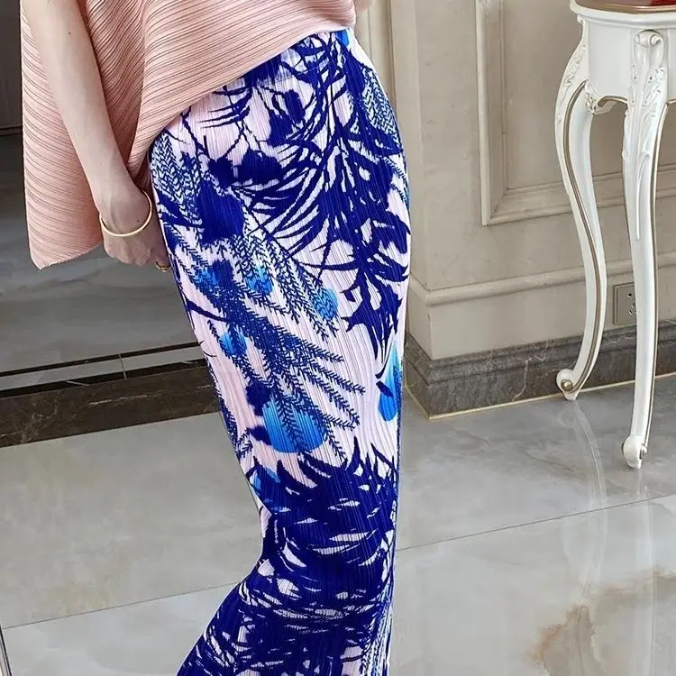 Half skirt pleated skirt, summer high waisted retro print design, buttocks wrapped straight tube skirt, half  women skirt