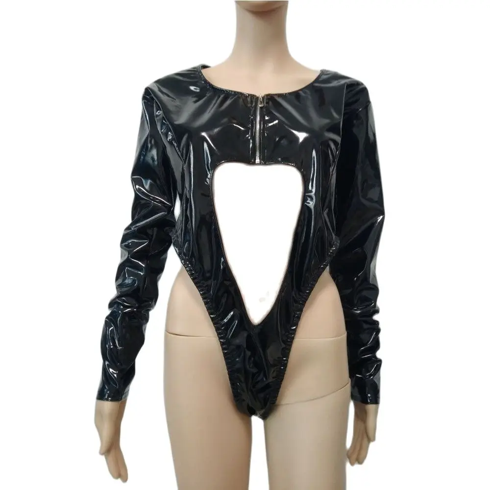 

Womens Wetlook Bodysuit Night Clubwear Patent pvc fake Leather Front Zipper Hollow Out High Leg Cut Thong Leotard Bodysuit Jumps