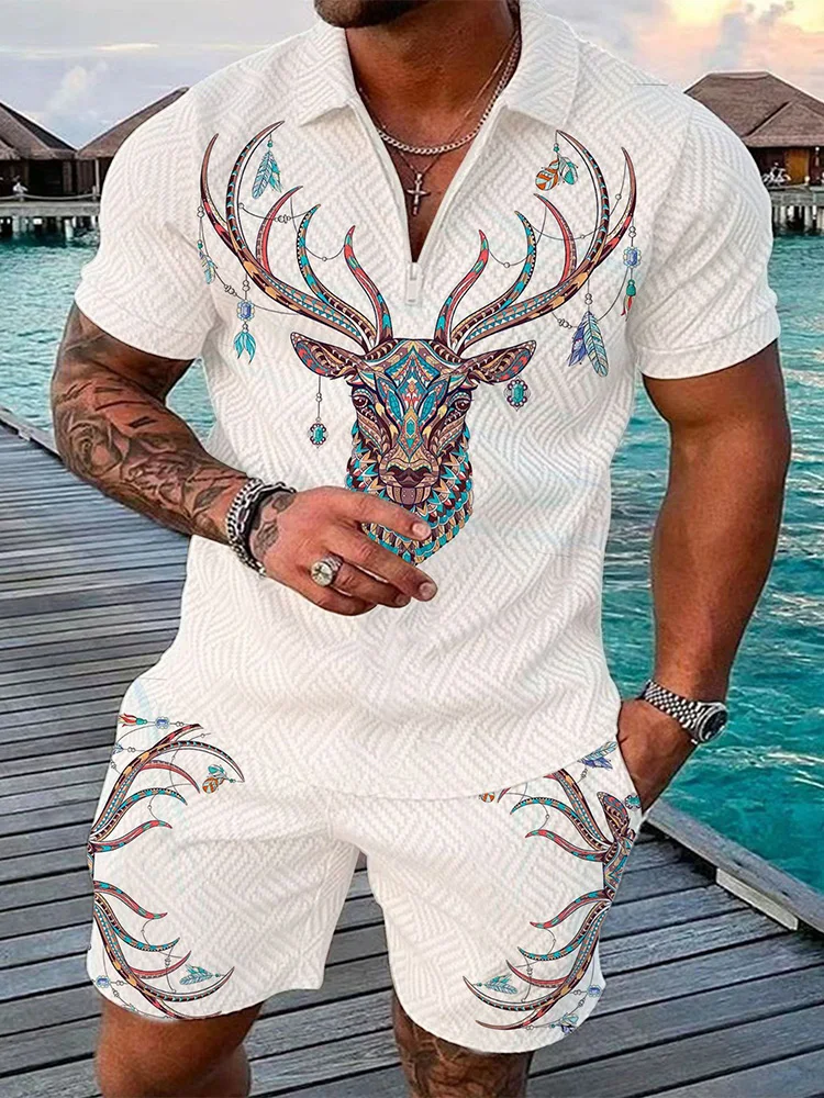 

Summer Trend Men's Sweatsuit set Painted Animal 3D Print Casual Zipper Polo Shirt And Shorts 2pcs Set Man Clothing Tracksuit Set