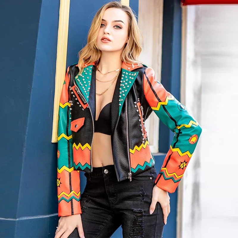 Contrast Color Block Print Leather Jacket for Women 2024 Trend Punk Style Streetwear Motorcycle Faux Leather Cropped Jacket