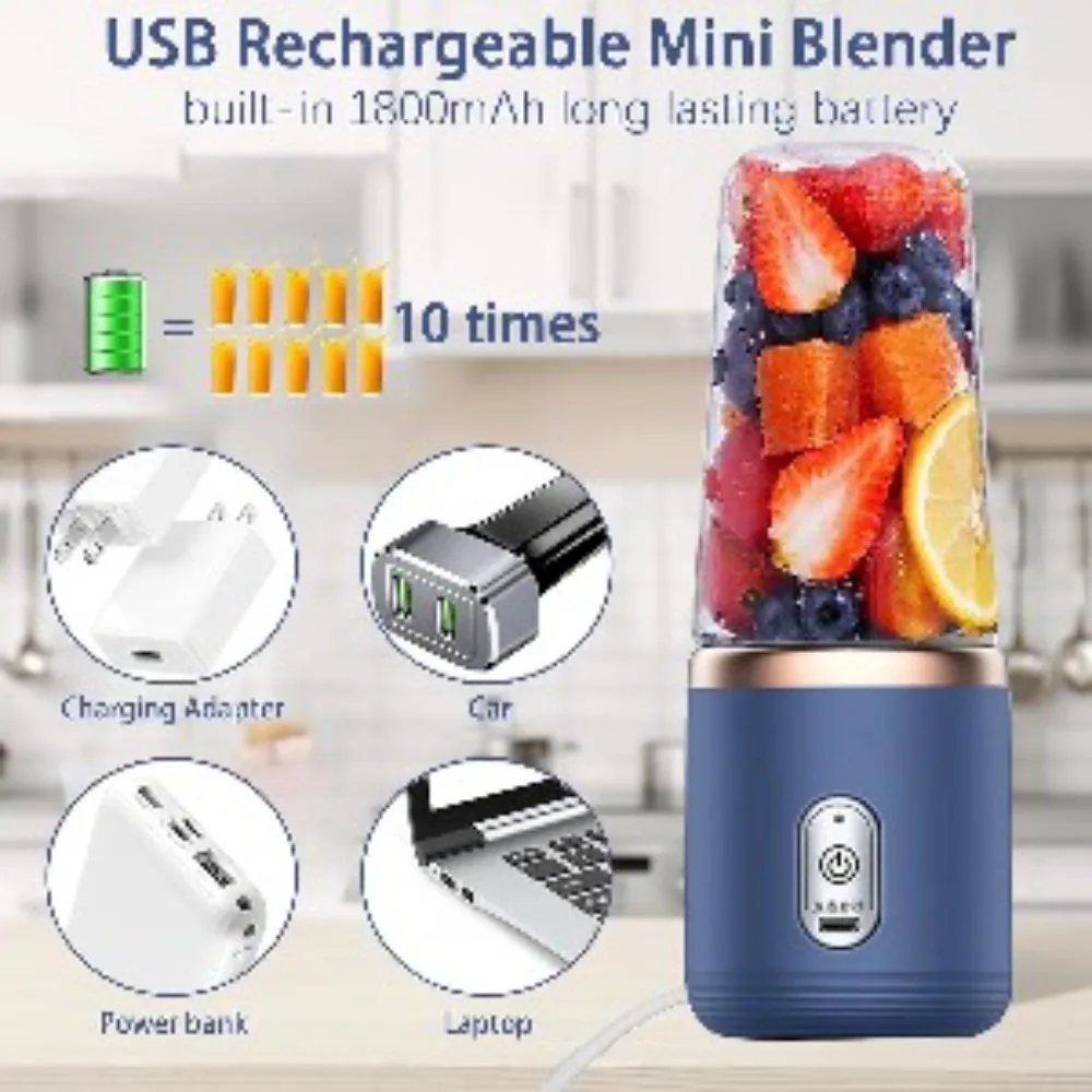 Personal Blender Portable, USB Rechargeable 400ML Mini Blender with 6 Blades, Travel Lid for Smoothie Shake Gym Outdoor 4