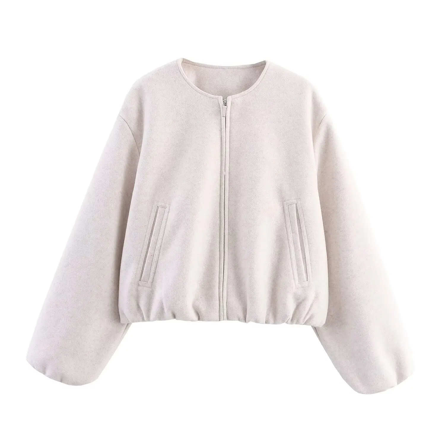 Women Fashion Short Jacket Coat Autumn And Winter New Retro O-Neck Long Sleeve Jacket Elastic Hem Zipper Soft Women'S Outerwear