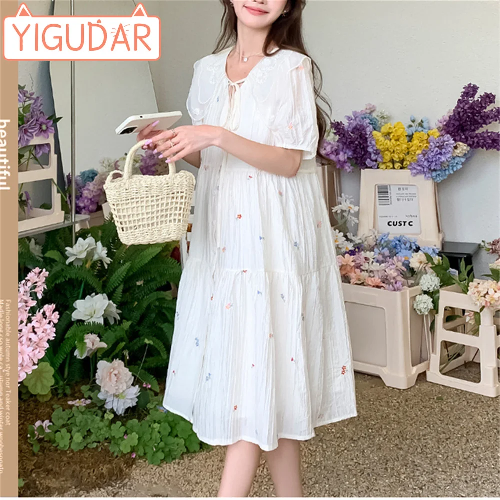 

Summer New Maternity Clothes Wear Korean Edition Fashion Embroidered Doll Neck Loose Slim Appearance Breastfeeding Dress Women